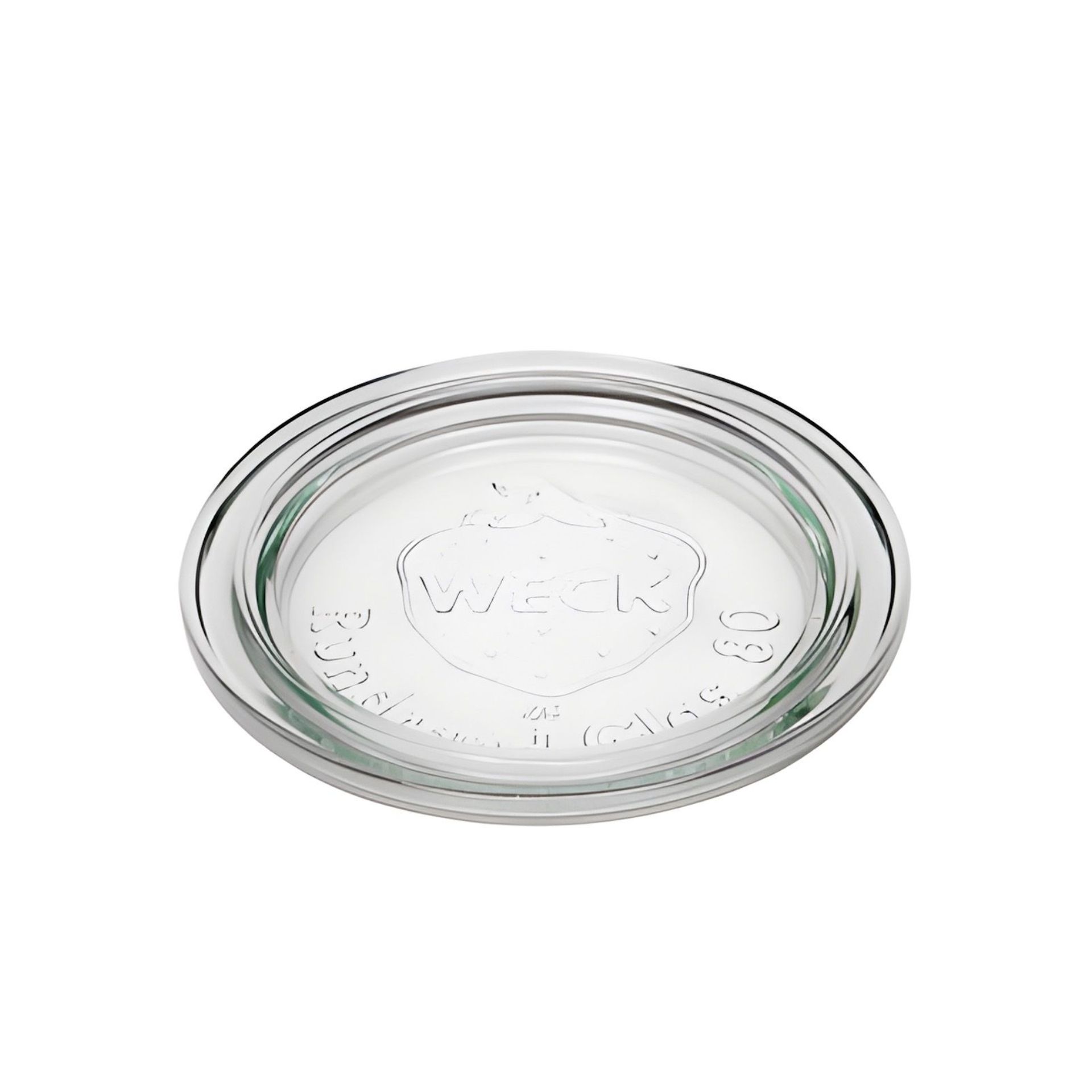 Runder, transparenter Glasdeckel von Weck mit einem Durchmesser von 8 cm und geprägtem Weck-Logo in der Mitte, geeignet für Rundrand-Gläser der Größe RR 80.